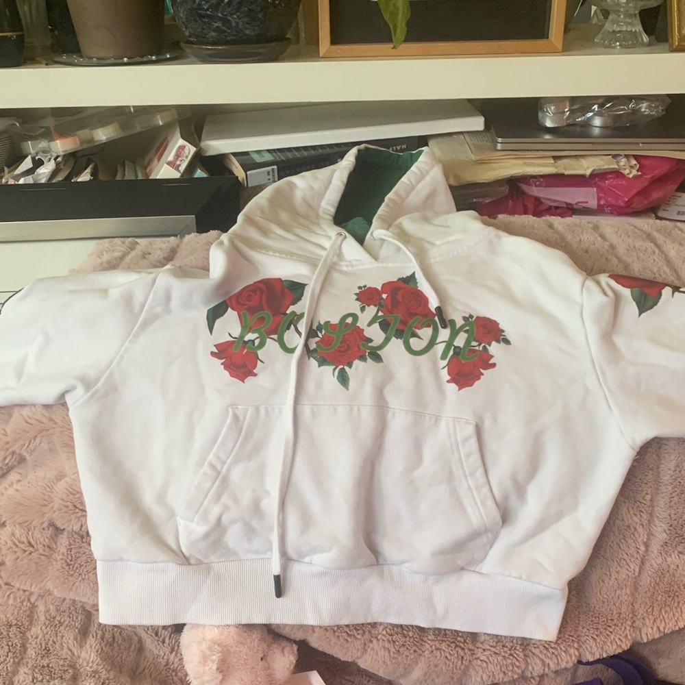 White Hoodie with Red Rose Design